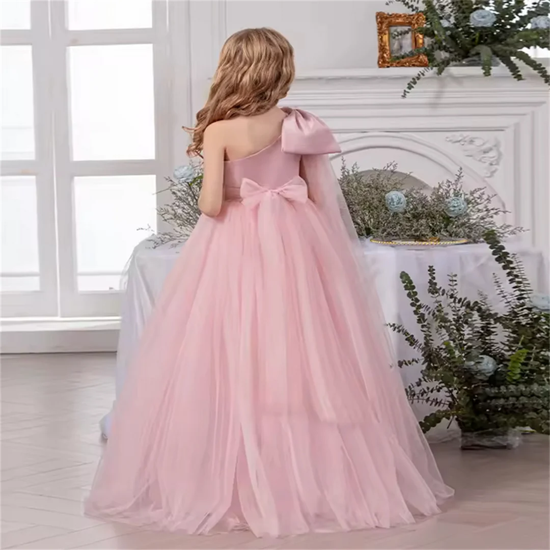 Vestidos de fiesta personalizados para niñas, vestido de fiesta de boda, vestidos rosas con lazo grande, vestido de princesa para niñas, vestido ceremonial para niñas