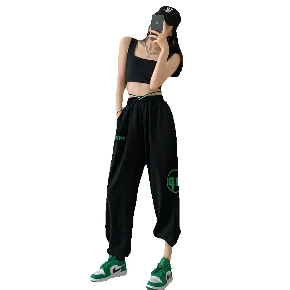 

Loose Leg-tied Pants Women's High Waist And Wide Legs Thin Jazz Hip-hop Hip-hop Pants Drag Dance Leisure Sports Pants.