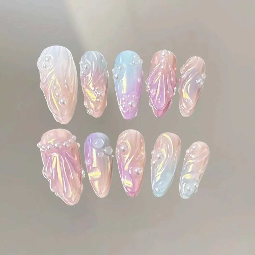 24Pcs Aurora Cat's Eye Almond Fake Nails Full Cover Detachable Shell Starfish Stick on Nail Set Sea Style Wave Oval False Nails