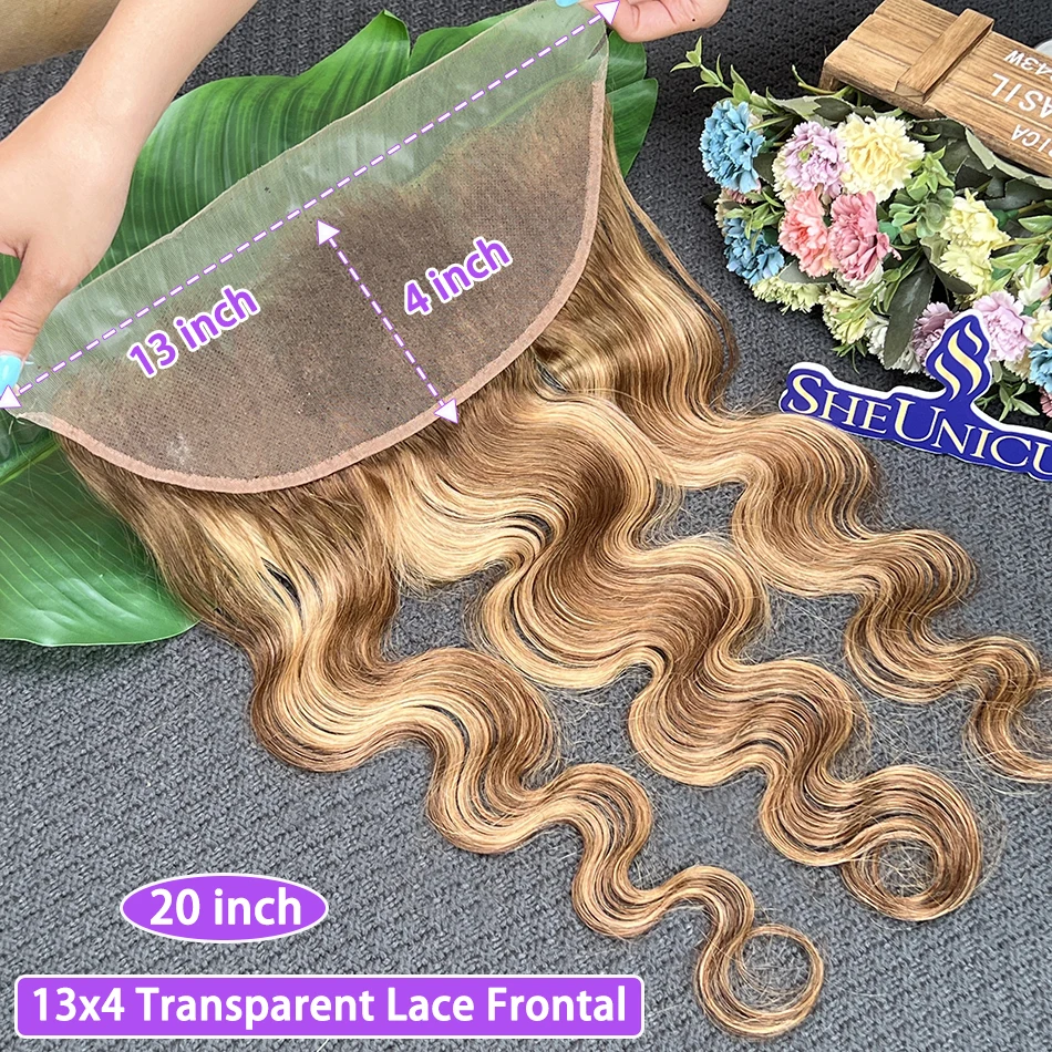 P4/27 Colored 13x4 Transparent Lace Frontal Body Wave Highlight Human Hair Bleached Knots Prepluck 100% Raw Virgin Human Hair