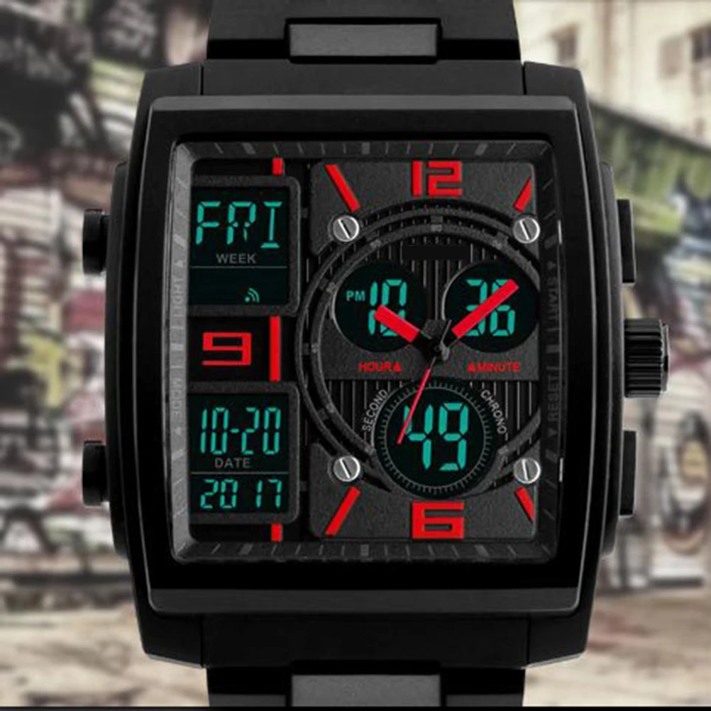 Men'S Waterproof Sports Watch Multi-Function Analog Military Style Large Square Wristwatch El Backlight 50M