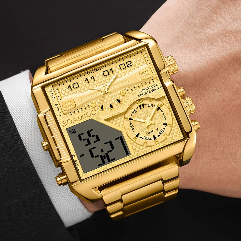 BOAMIGO Top Brand Luxury Fashion Men Watches Gold Steel Sport Square Digital Analog Big Quartz Watch for Man relogio masculino