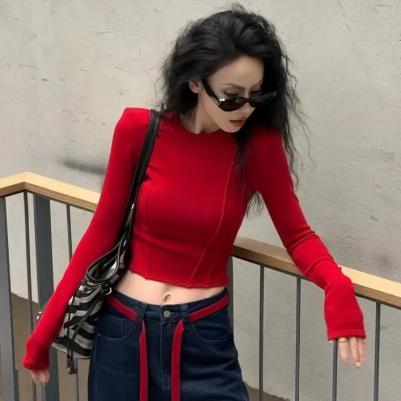 

Temperament Short Simplicity Tops Long Sleeve Solid Slim Elegant Youth T Shirts Spring Autumn New Sexy Fashion Women Clothing