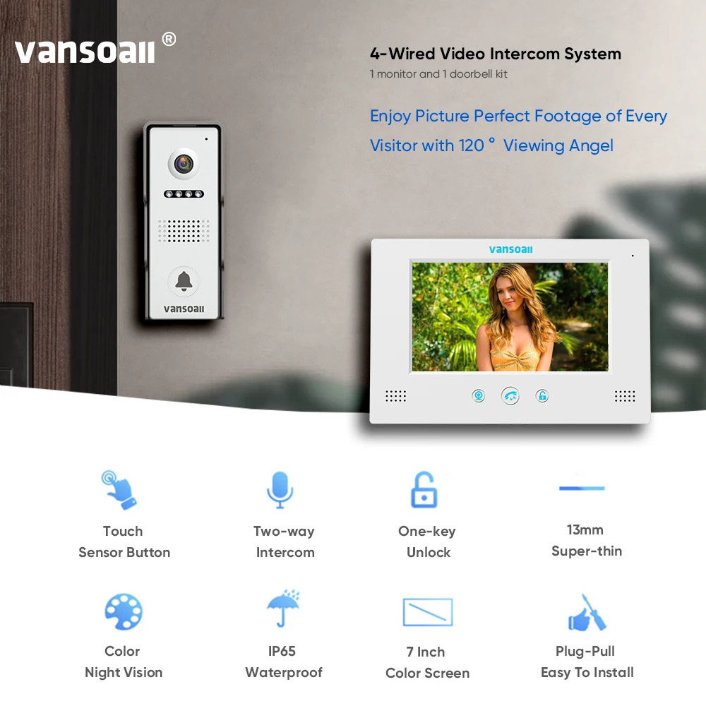 VANSOALL-intercomunicadores de vídeo para apartamento Hom, 4 cables, Monitor a Color de 7 pulgadas, resistente al agua IP65, timbre nocturno a Color, soporte de desbloqueo