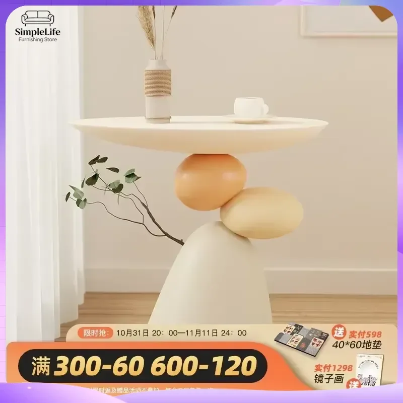 Modern Minimalist Round Corner Coffee Table with Unique Balance Design Space Saving Resin Accent End Table for Living Room