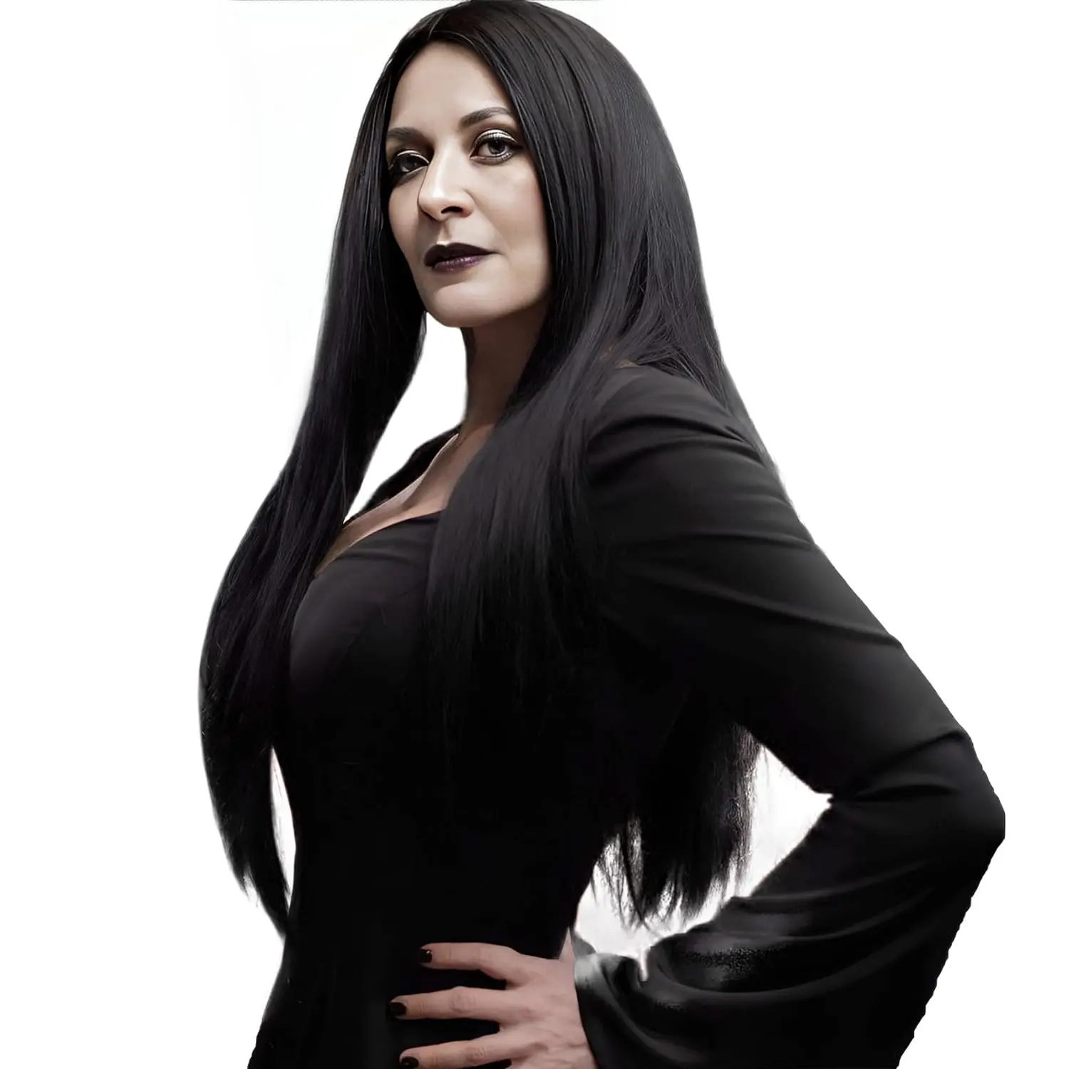 Synthetische Perücken Lange Schwarze Perücke für Morticia Addams Kostüm, Cher Kostüm Halloween Perücke für 70er Jahre Party Hexenkostüm Perücke für Frauen – Detail 1