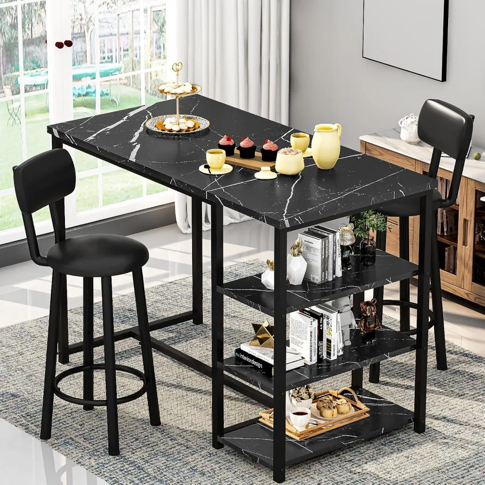 Dining Table Set for 2, Counter Height Pub Table with 2 PU Leather Widen Backrest Bar Stools & 3 Storage Shelves, Bar and Chair