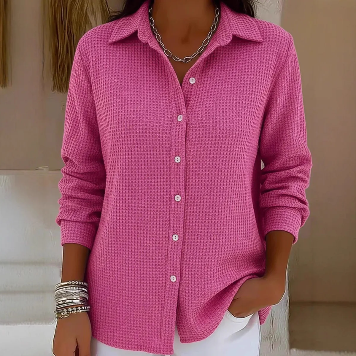 2026 جديد زر على الموضة سترة مشغولة من الصوف المرأة الربيع عادية فضفاض بلون التلبيب المنزل معطف بأكمام طويلة للنساء