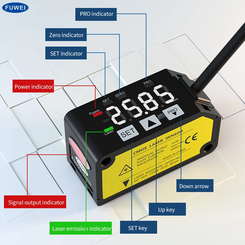 FUWEI FSD22-400P High Precision Analog 4~20mA 0-5V Laser Displacement Range Sensor Square Shape Plane measurement Sensor