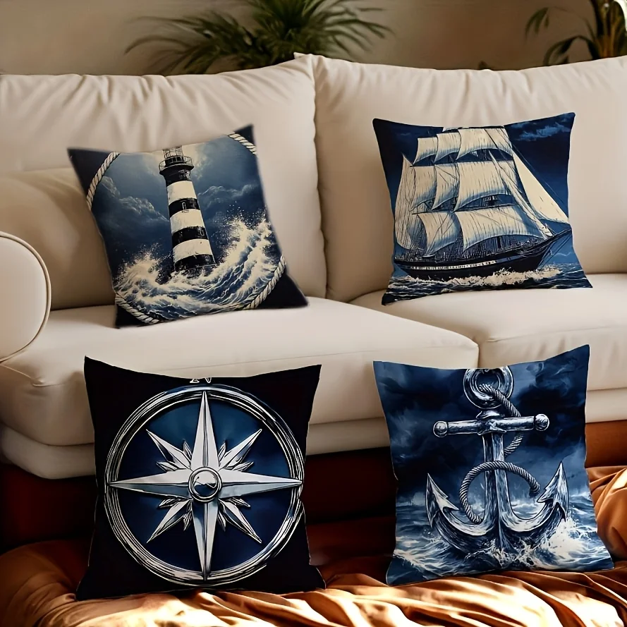 4PCS Nautical Lighthouse Pillow Case, Anchor Sailboat Cushion Cover, Ocean Compass Art, Marine Home Decor, Blue Sea Sofa Throw
