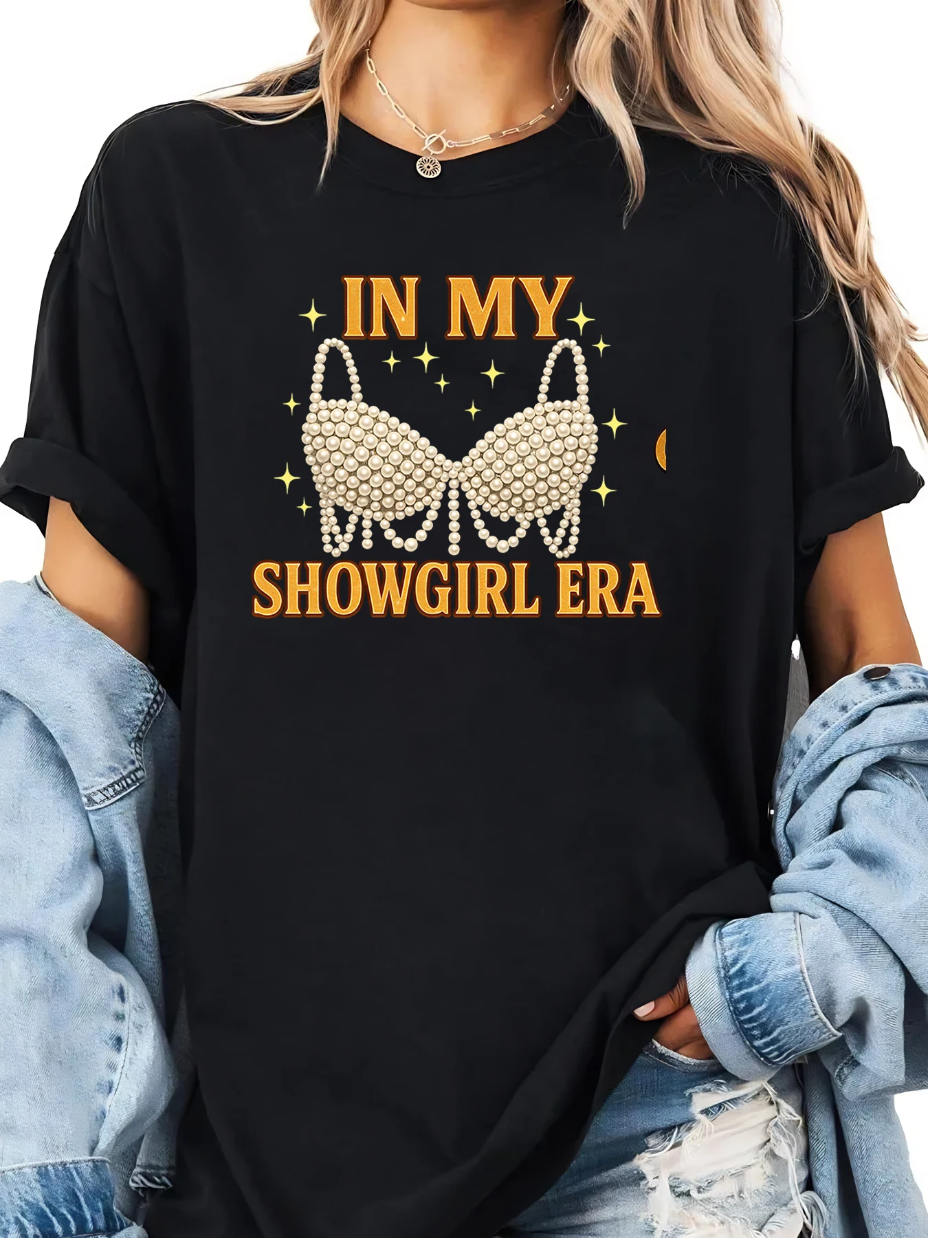 In My Showgirl Tijdperk Parel BH Print T-shirt Halloween Dames Casual Feestkleding Zwart Plus-maat