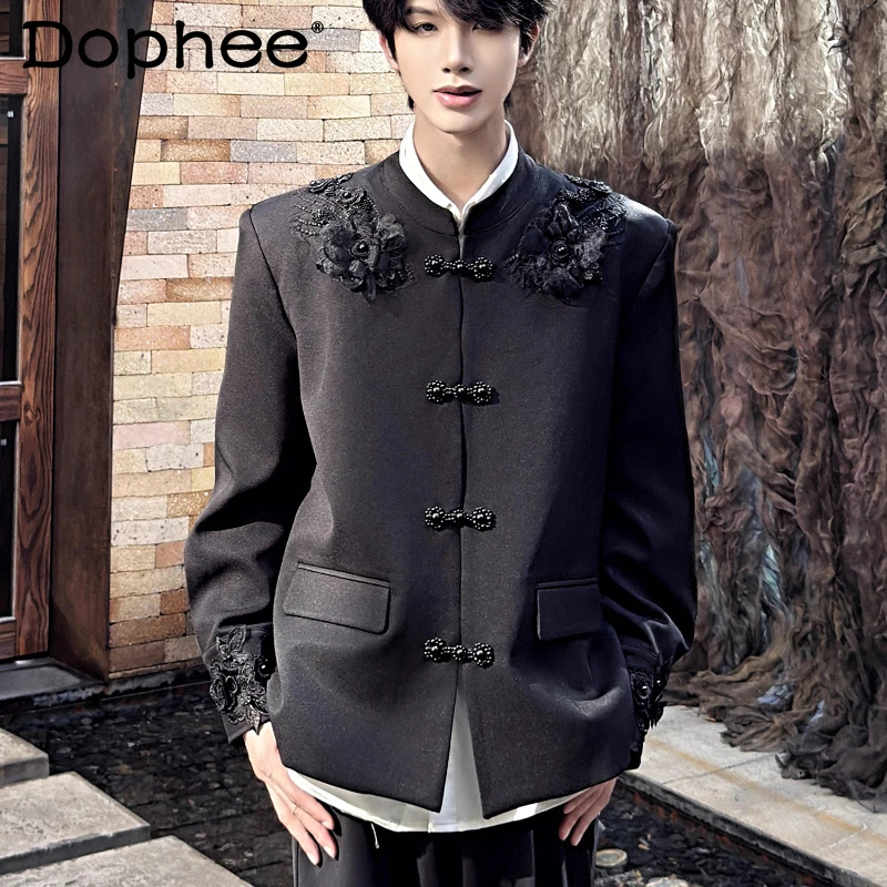 

Trendy Jackets Men 2025 Autumn New High-End Lace 3D Flower Design Coats Male Stylish High Street Stand Collar Long Sleeve Jacket
