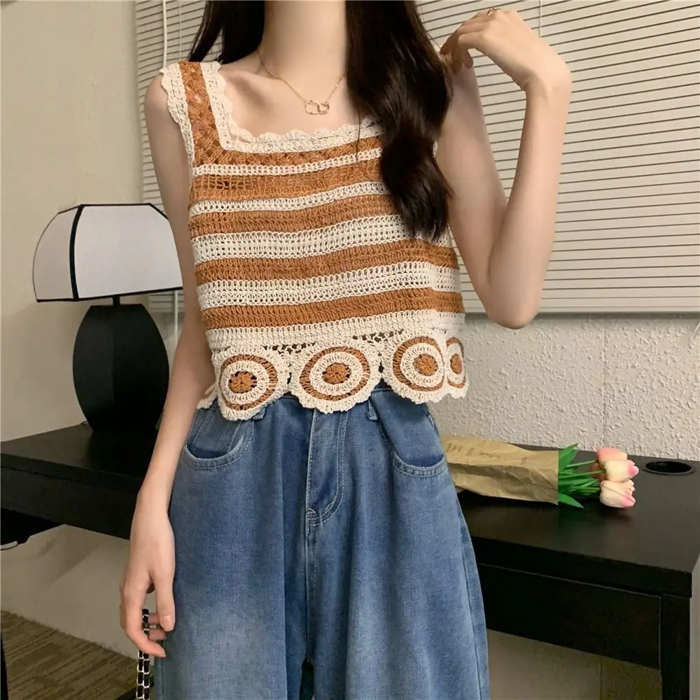 Moda retro colheita topo de malha crochê sem mangas colete bordado padrão elegante regata feminina