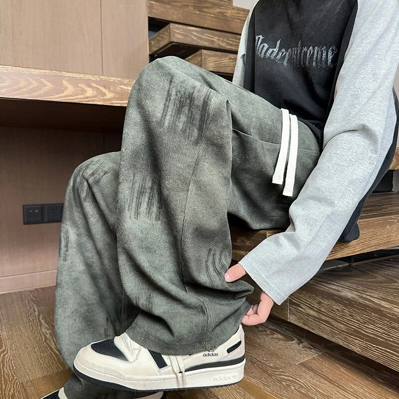 American Style Tie Dye Casual Pants Men's Autumn Winter Corduroy Straight Leg Wide Leg Long Pants Retro Japanese Style