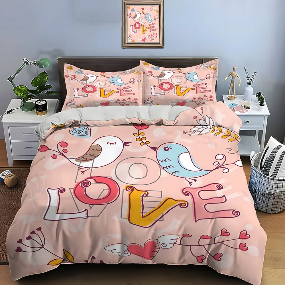 Cute birds love illustration Pattern Duvet Cover Set Digital Print Colorful Polyester Bedding with Zipper Closur for kids gift