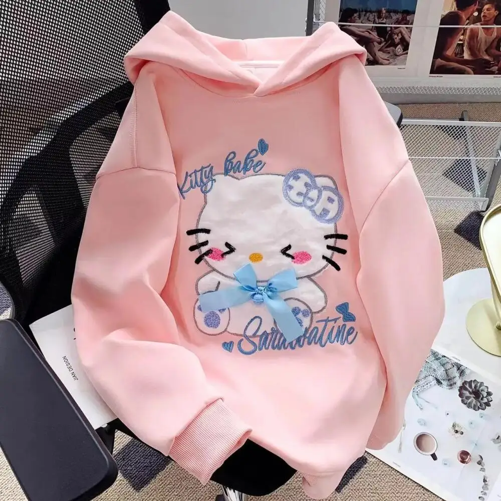 

Kawaii Hello Kitty Embroidered Plush Loose Hoodie Sweatshirt for Women Sanrio Japanese Autumn Winter Sweet Cute Pullover Jacket