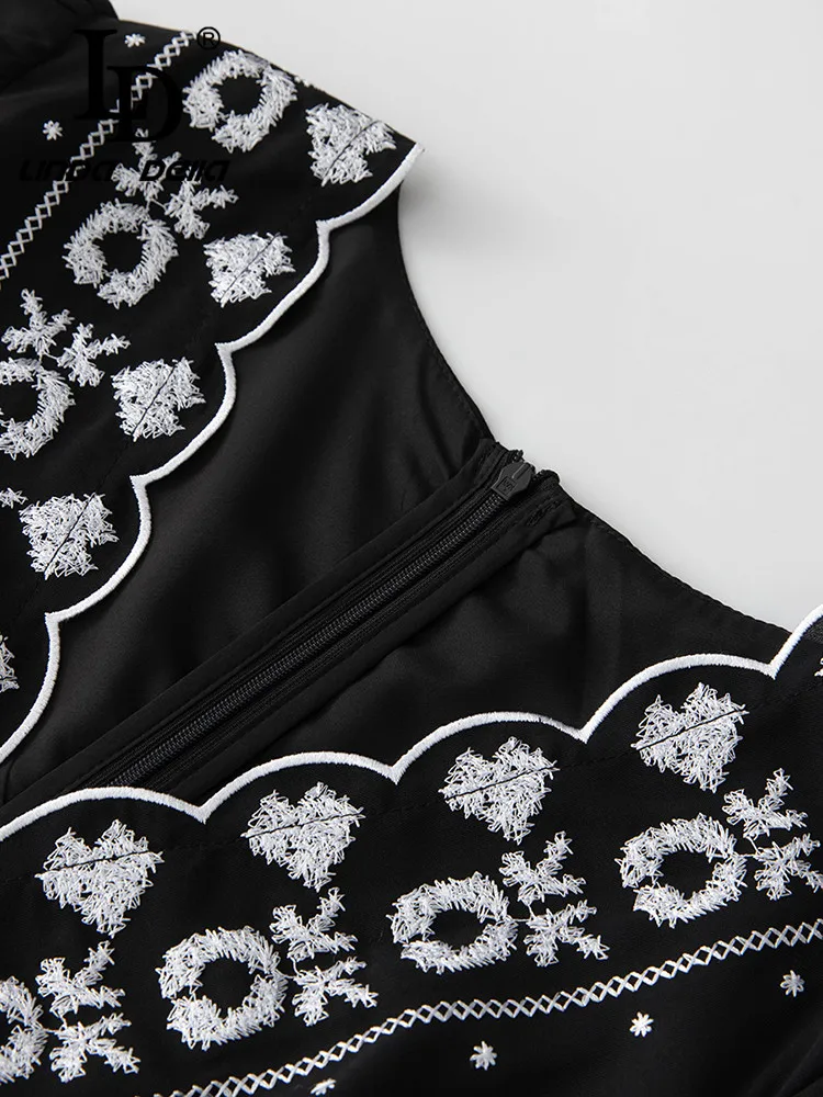 Ld linda della-فستان نسائي غير رسمي ، أنيق وجميل ، أسود ، رقبة على شكل حرف V ، تطريز ، قصة ضيقة ، شيفون ، لصق ، الصيف ،