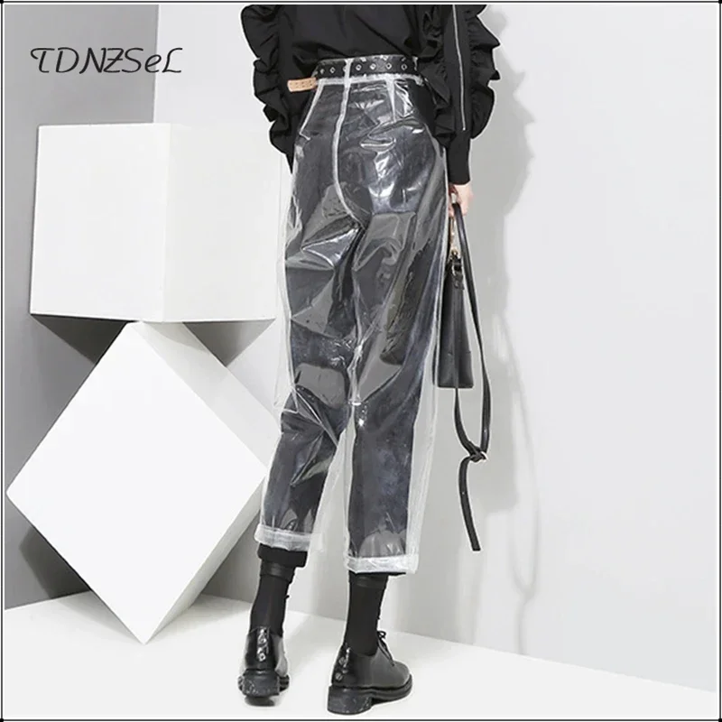 Sexy Loose PVC Transparent Pants Women Fashion See Through Trousers Autumn Winter Straight Ankle-length Capris Pants New Custom