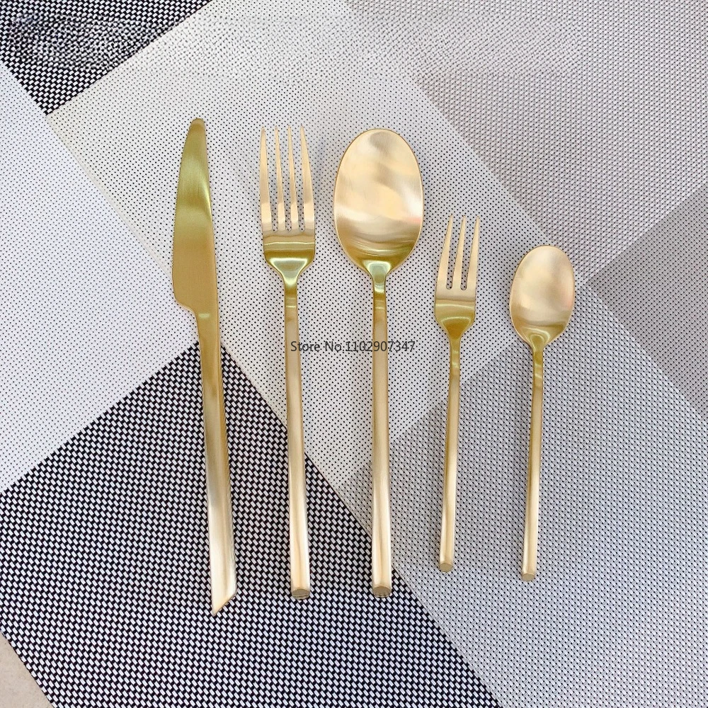 12PCS Tableware Western Food Knife and Fork Gold-Plated Brushed Spoon Hotel Supplies Set Oblique Handle Dessert 