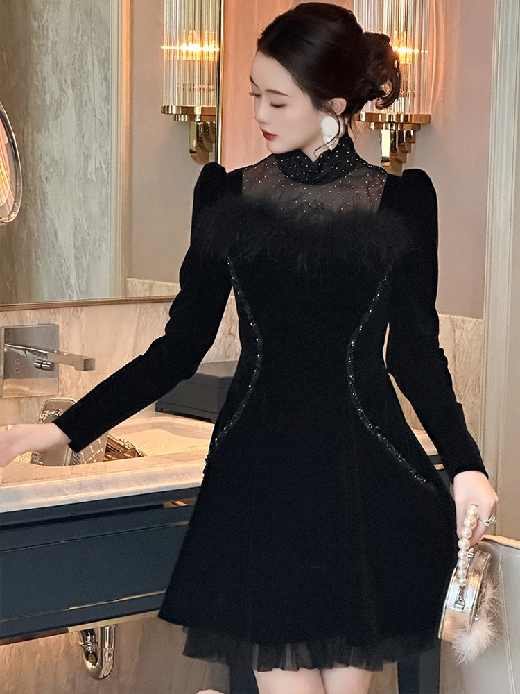 Damska Francuska Czarna Puszysta Sukienka na Imprezę Elegancka Słodka Przezroczysta Sukienka Balowa z Siateczki i Cyrkoniami Retro Wieczorowa Vestido