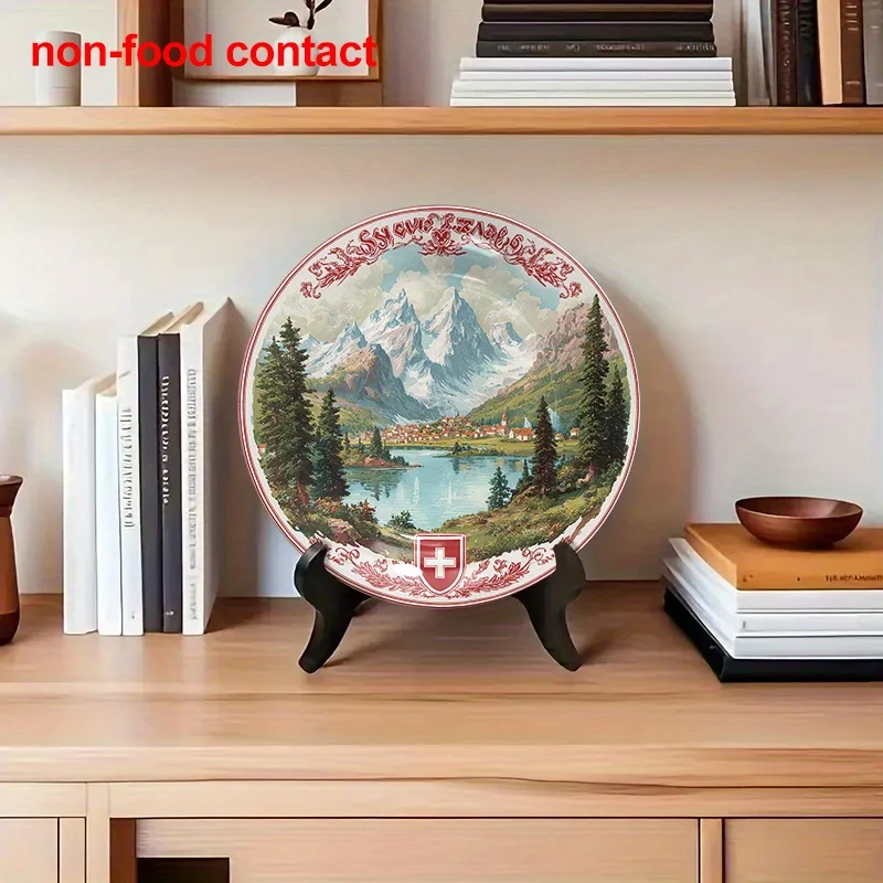 2D Flat, Halloween Christmas Decorative Sign and Ornaments, 1pc 8-Inch Round Ceramic Wall Art Plate - Vintage Swiss Landscape