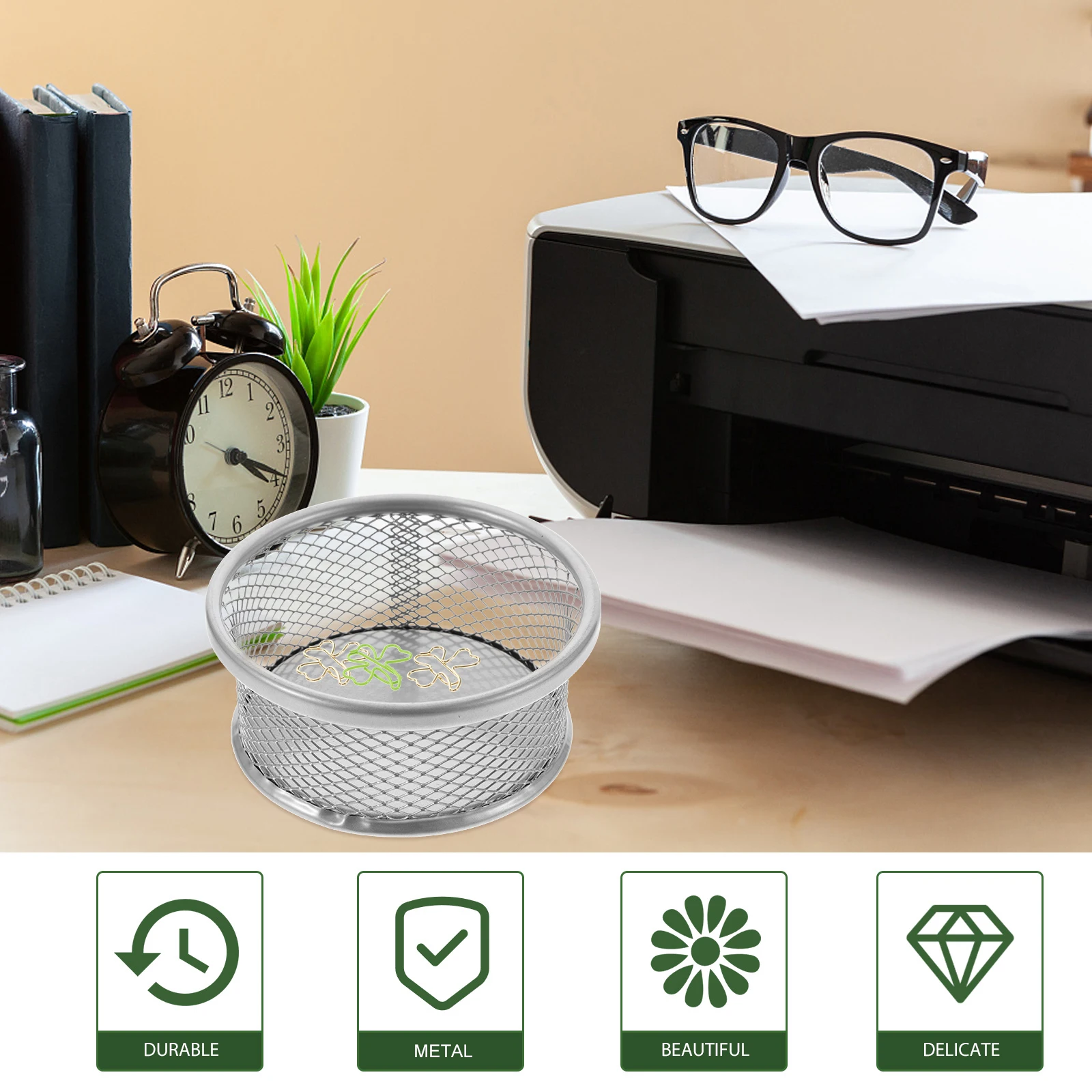 

4 Pcs Metal Pen Holder Mesh Paper Clip Containers Office Desk Accessories Silver Color Simple Design For Home School