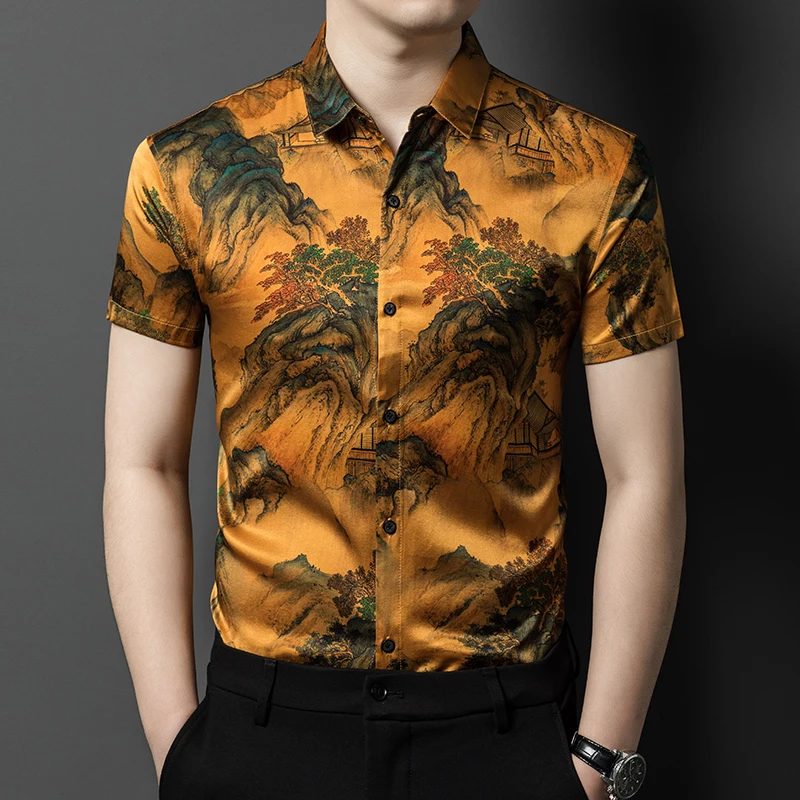 Chinese Style Luxury Silk Shirts For Men Short Sleeve Print Cool Summer Quality Smooth Comfortable Lightweight Camisas De Hombre