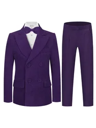 Boys Elegant Purple Velet Jacket Pants Bowtie Brooch 4 Pieces Wedding Birthday Outfit Suit Kids Graduation Host Piano Blazer Set
