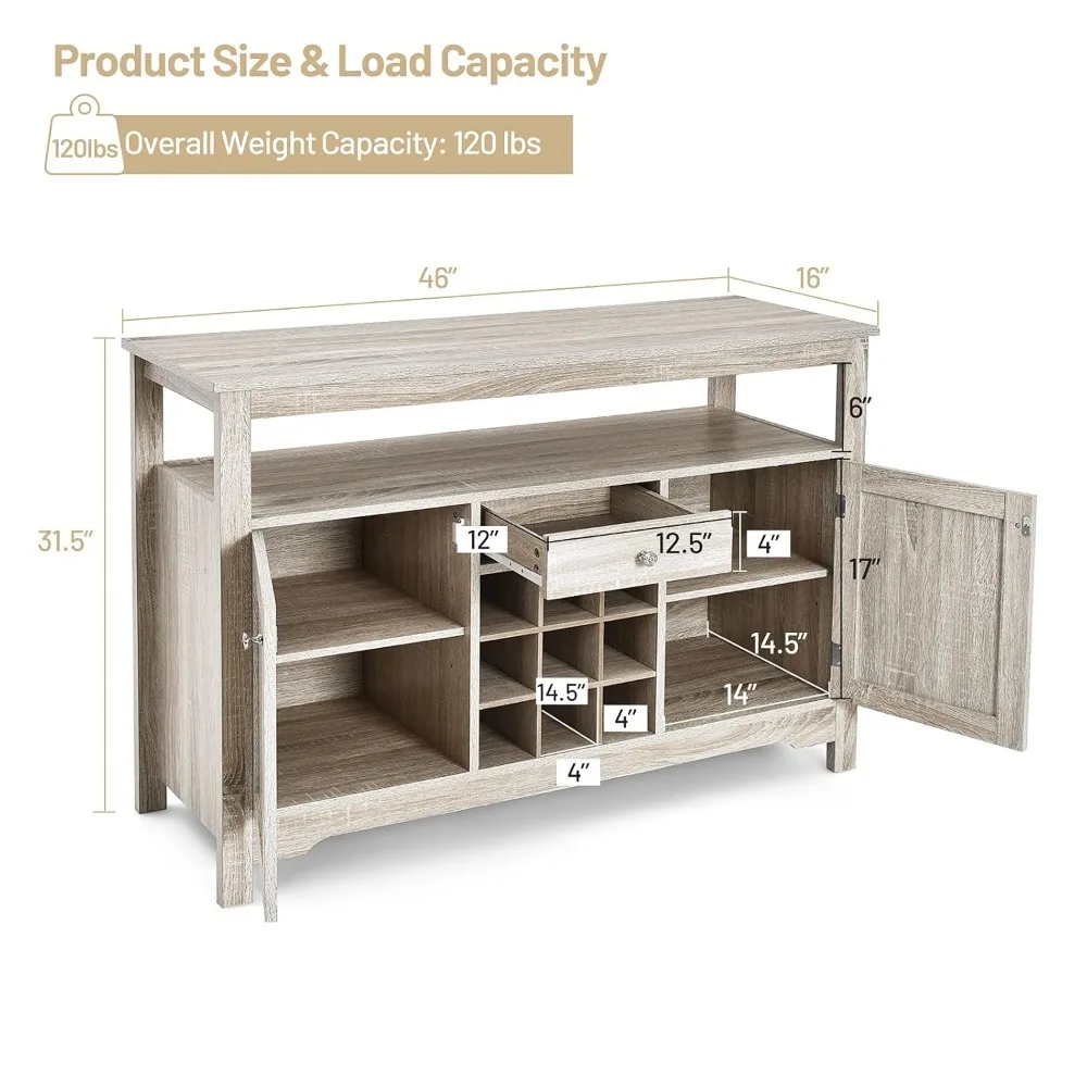 

Buffet Server Sideboard, Console Wood Dining Table, Cupboard Table with 2 Cabinets, 1 Drawer and 9 Wine Cabinets, Customized