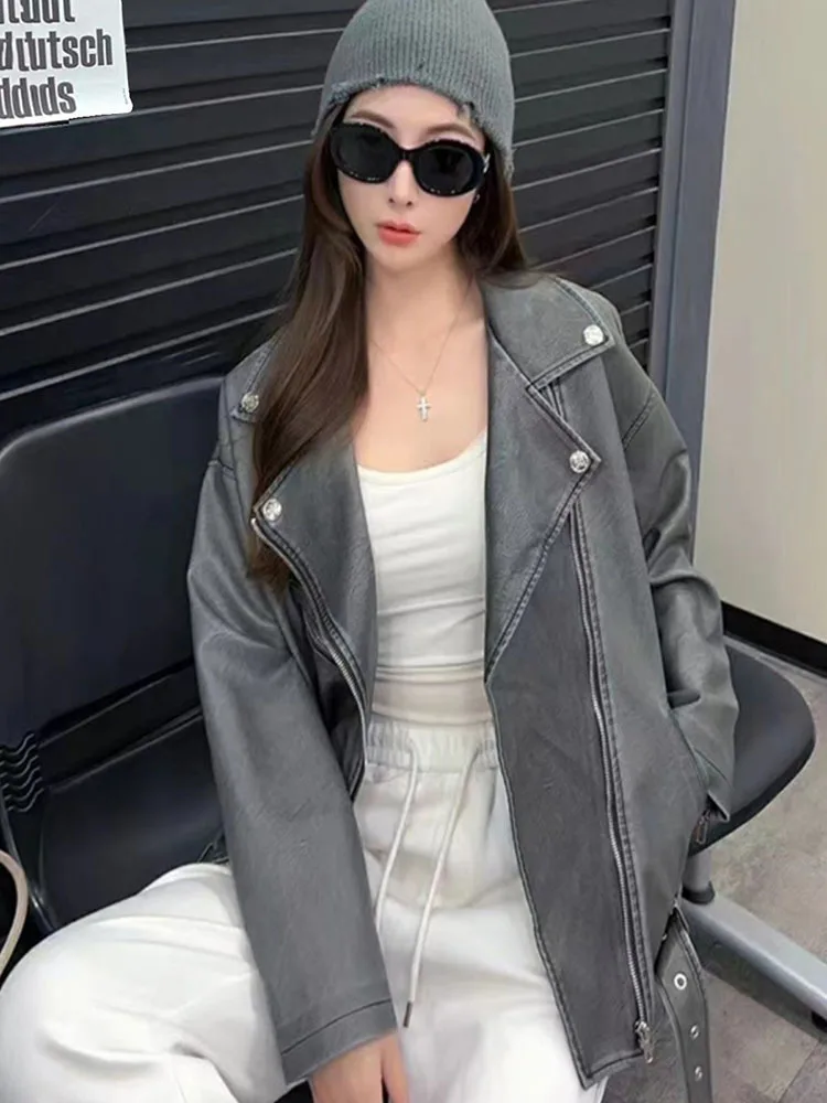 Spring Autumn Women Loose Retro Faux Leather Jacket Streetwear Female Zipper Moto Biker Coat Outwear 2025