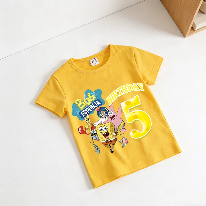 

SpongeBob SquarePants Birthday T-shirt Cartoon Short Sleeve Children Clothe Boy Girl Cute Tees Birthday Party Supplies Kids Gift