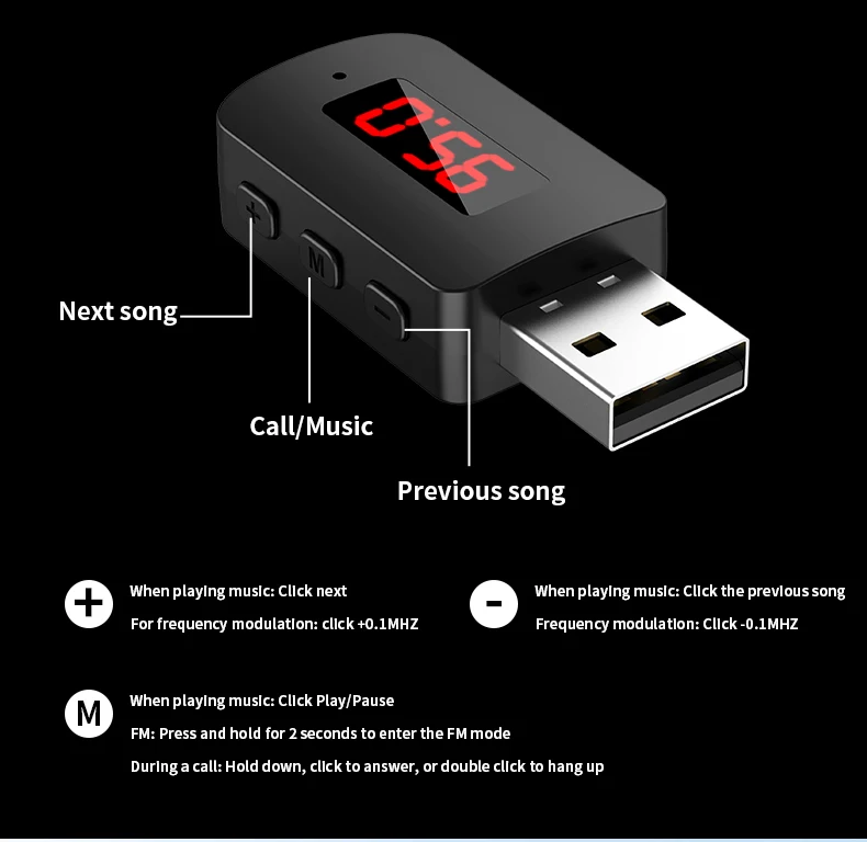 جهاز استقبال صوتي لاسلكي مع شاشة ليد ، جهاز استقبال بلوتوث بمنفذ USB ، محول USB ، مكالمة بدون استخدام اليدين ، وحدة دعم FM للسيارة