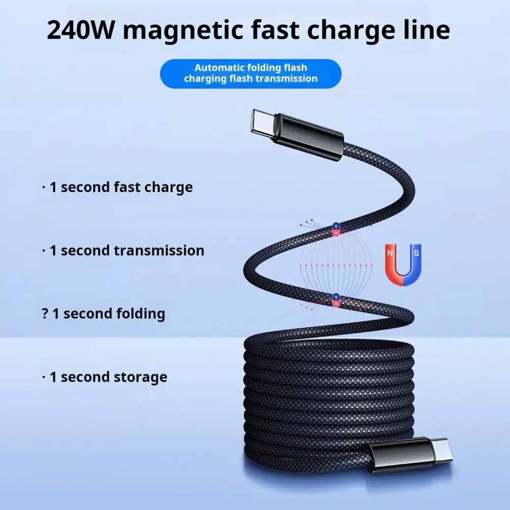 240w Magnetic Fast Charge Cable Braid USB C Cable Retractable Anti-tangles Charging Cord for IPhone Laptop Car Charger Travel