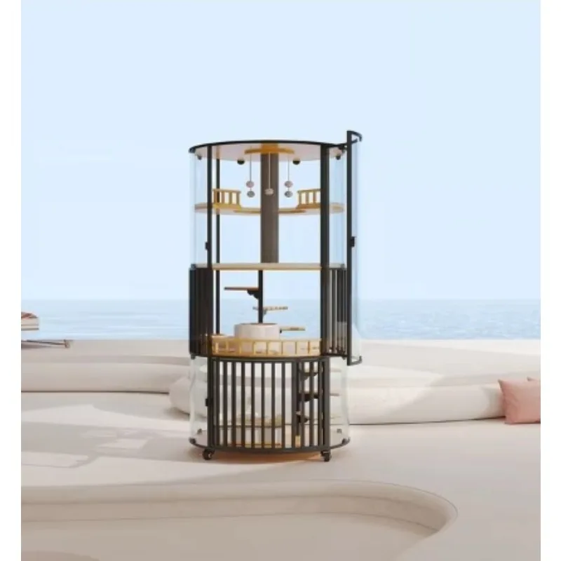 Luxury Modern Cat Villa Pet House Snap Button Spinner Wheel Wood Glass