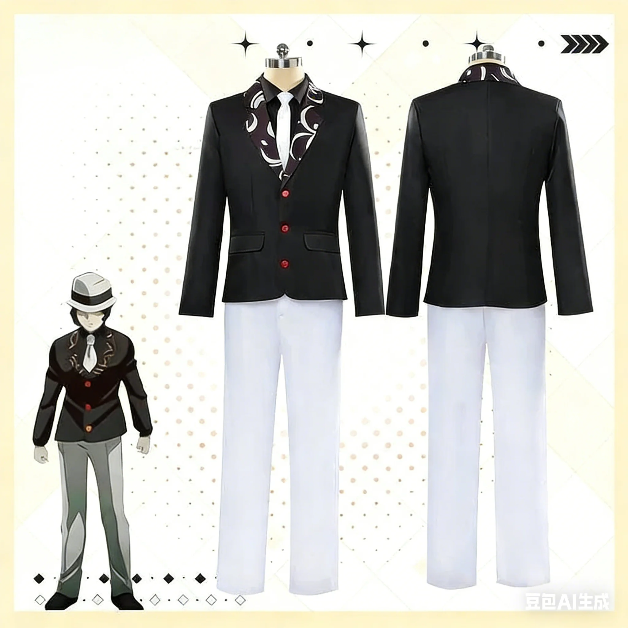 

M-Muzan K-Kibutsuji Black Blazer Gold Trim Jacket Tie White Pants Outfit Cosplay Costume Full Set Anime Halloween Party