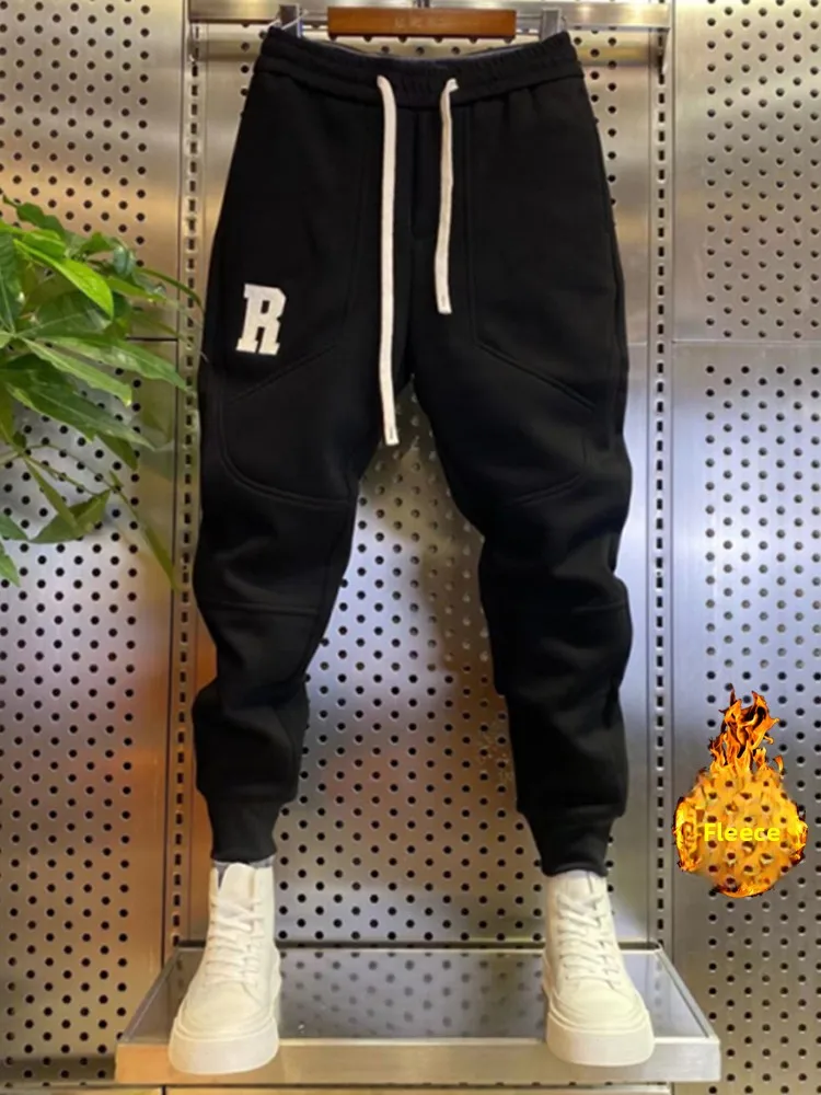 

Thiened Fce Sports Pants Embroidered Lettering Slim Fit Nine-Tenths Cuffed Casual Long Trousers for Youth Autumn Winter