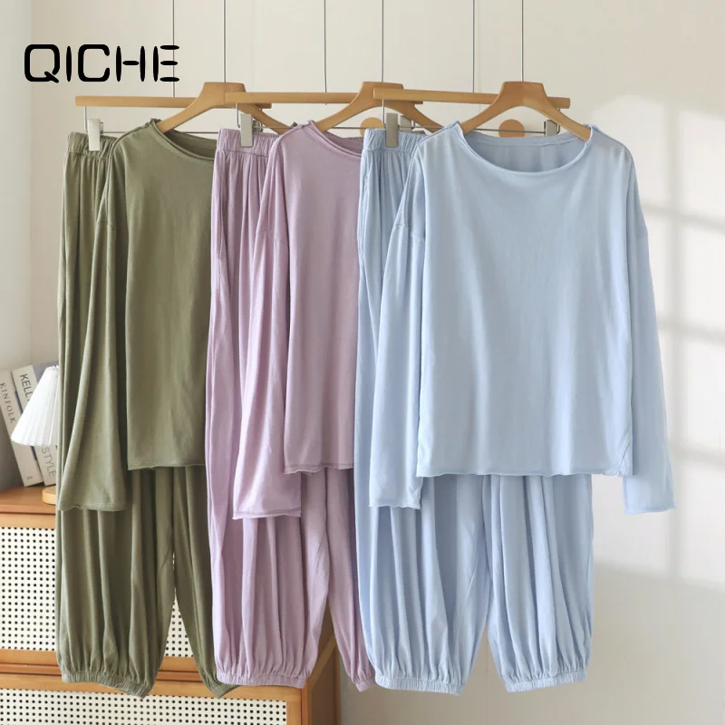 QICHE Women Summer Thin Soft Knit Cotton Balloon Pants Slouchy Baggy Wear‑Outside Casual Sleep Loungewear Bottoms