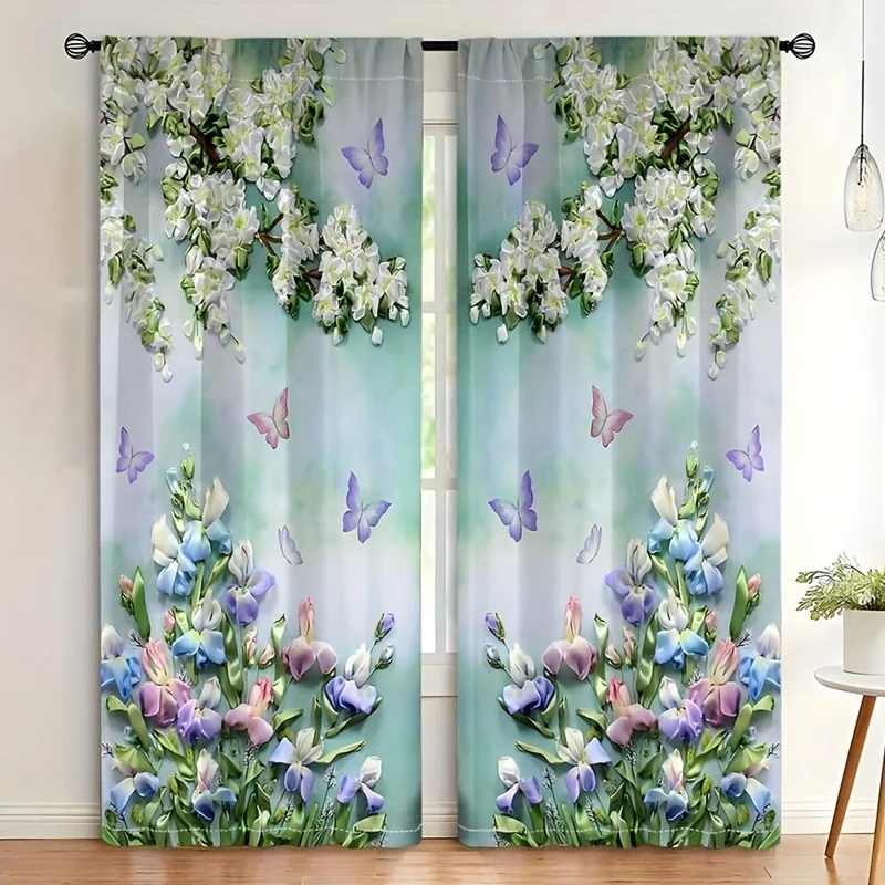 2-Piece Vintage Watercolor Floral Curtains Light Filtering Rod Pocket Design For Living Room Bedroom Floor Window cortinas Drape