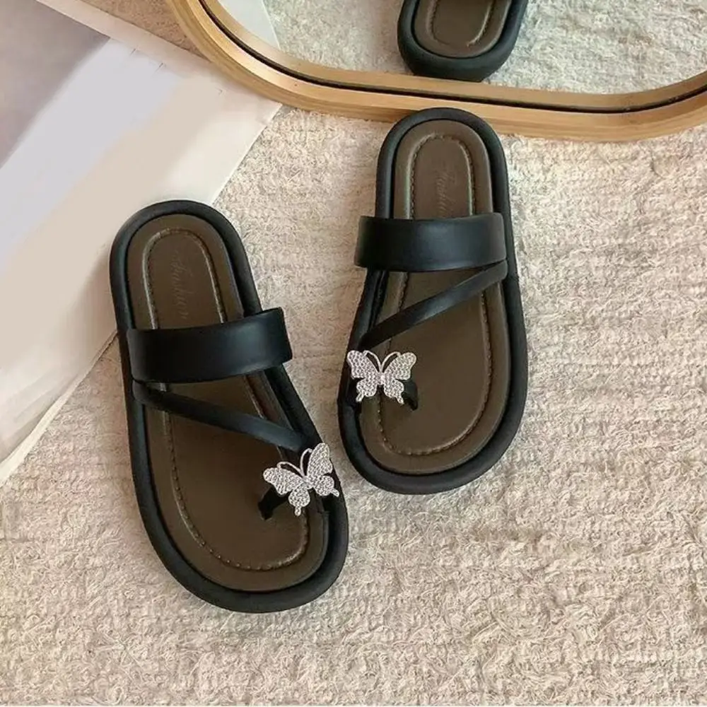Comfortable Non-Slip Crystal Butterfly Flip Flops PVC Sweet Beach Toe Slippers Soft Sole Shoes Flat Bottom Slippers Dormitory