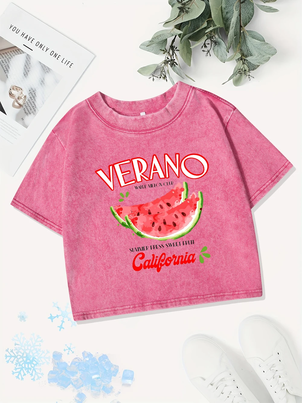 Casual Cotton Crop Tops Womens California Watermelon Printed Washed T-Shirts Street O-Neck Regular Fit Streetwear Sexy Clothes