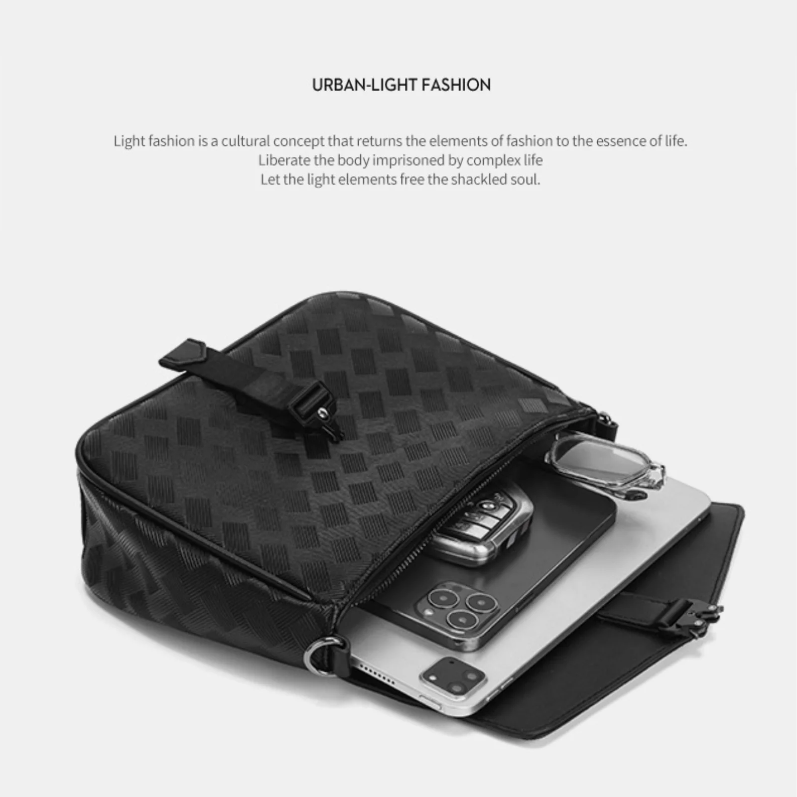 Luxe zakelijke stijl minimalistisch voor iPad crossbodytas, geselecteerd geruit zwart leer, 11-inch tablettassen voor heren met enkele schouder