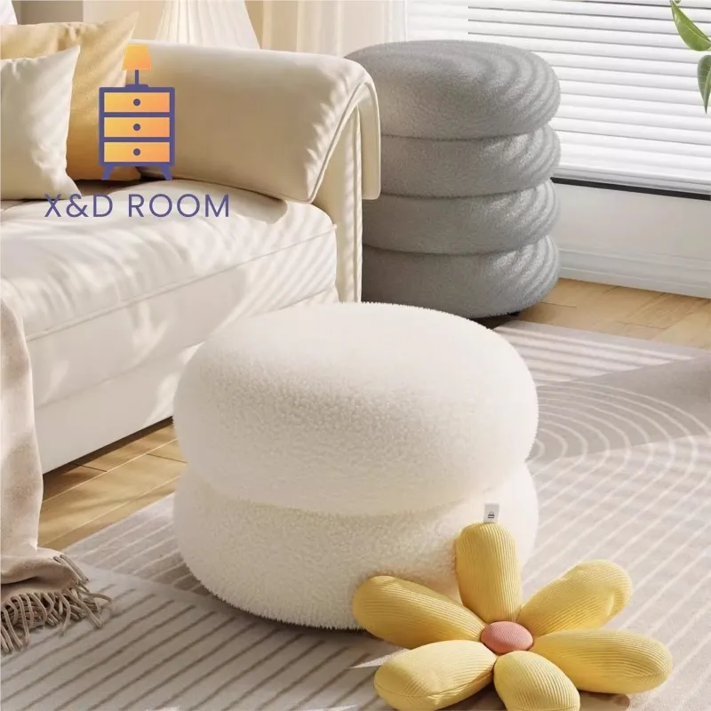 

X&D Home Round Stool Living Room Small Stool Lamb Fleece Stool Children's Sofa Stool Low Stool Door Entry Shoe Changing Stool