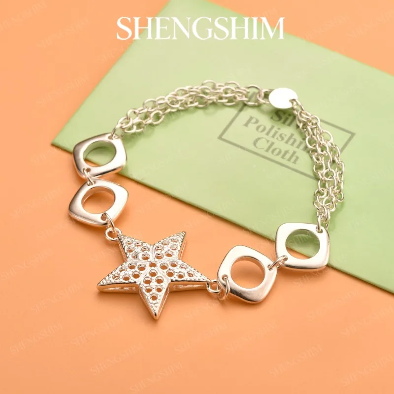 SHENGSHIM 925 Sterling Silver Openwork Star Block Bracelet Bangle For Women Fashion Jewelry Engagemens Party Birthday Gift