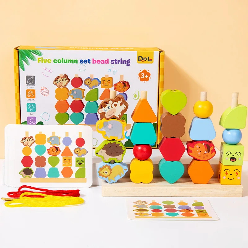 "5 - em - 1 Brinquedos de madeira Montessori: Blocos de cognição de cores e formas, jogo de correspondência e classificação, design de contas - Educati precoce ideal