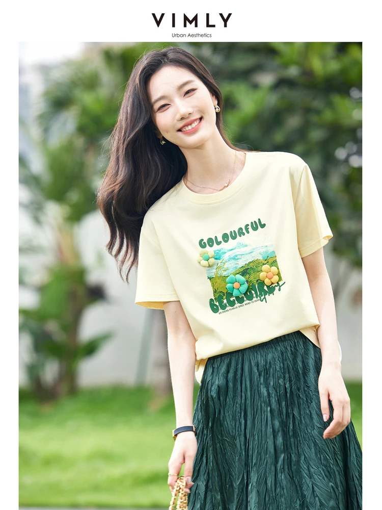 VIMLY Summer Women's 3D Flower Print Short Sleeve T-Shirts New Simple Loose Round Neck Classic Versatile Basic Top Blouse M8016