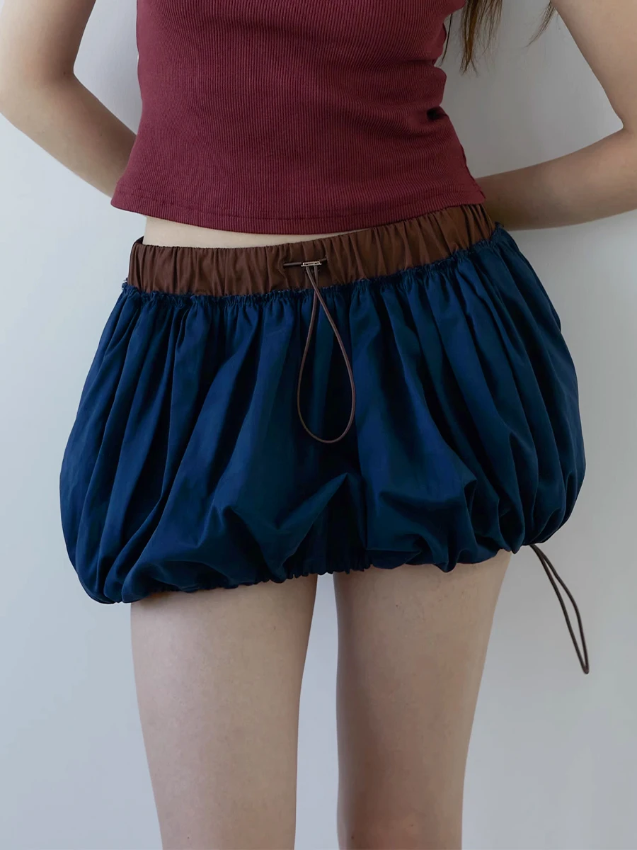 Women s Cute Solid Color Bubble Pleated Skirt Drawstring Elastic Waist Ruffle Puffy Mini Dress Streetwear