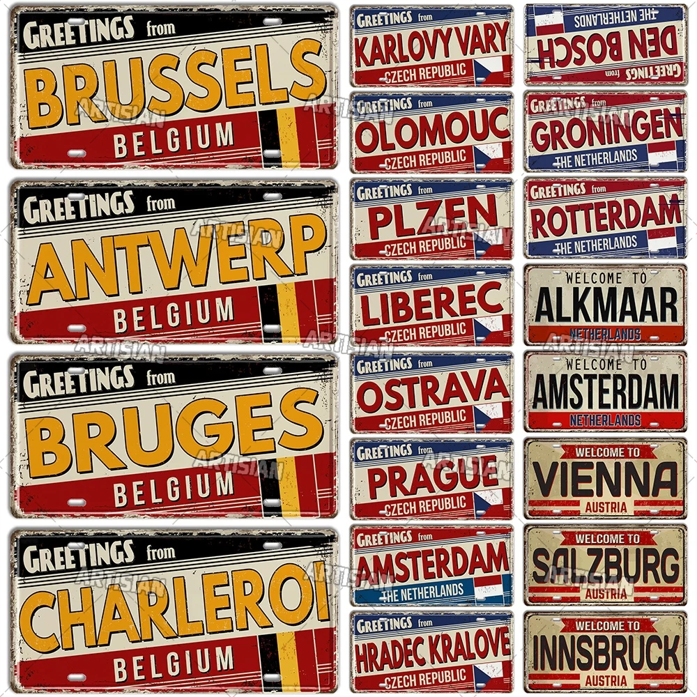 Artisian BELGIUM Países Bajos POLANDA DE AUSTRIA CZECH Placa de matrícula Ctiy letrero de Metal decorativo placa de vehículo decoración de pared