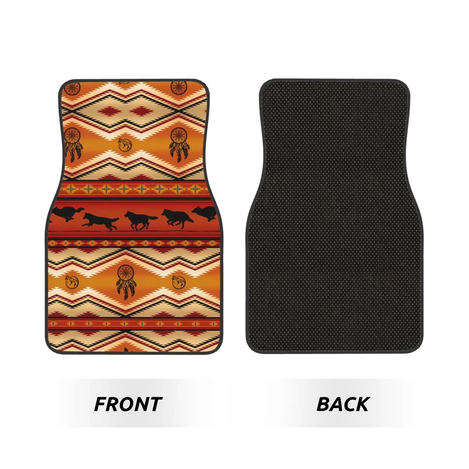 Orange Aztec Wolf Pattern Print Car Waterproof Rubber Car Mats 4PCS Car Floor Carpets Rugs Non-Slip Auto Foot Mats Floor Mat