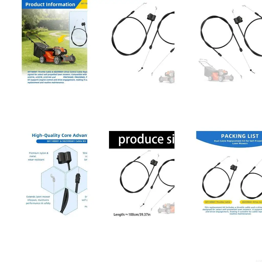 Approx. 100 Lawn Mower Cable Set for Listed Models, 2 Piece Replacement with Engine Control Cable and Drive Cable Service Parts