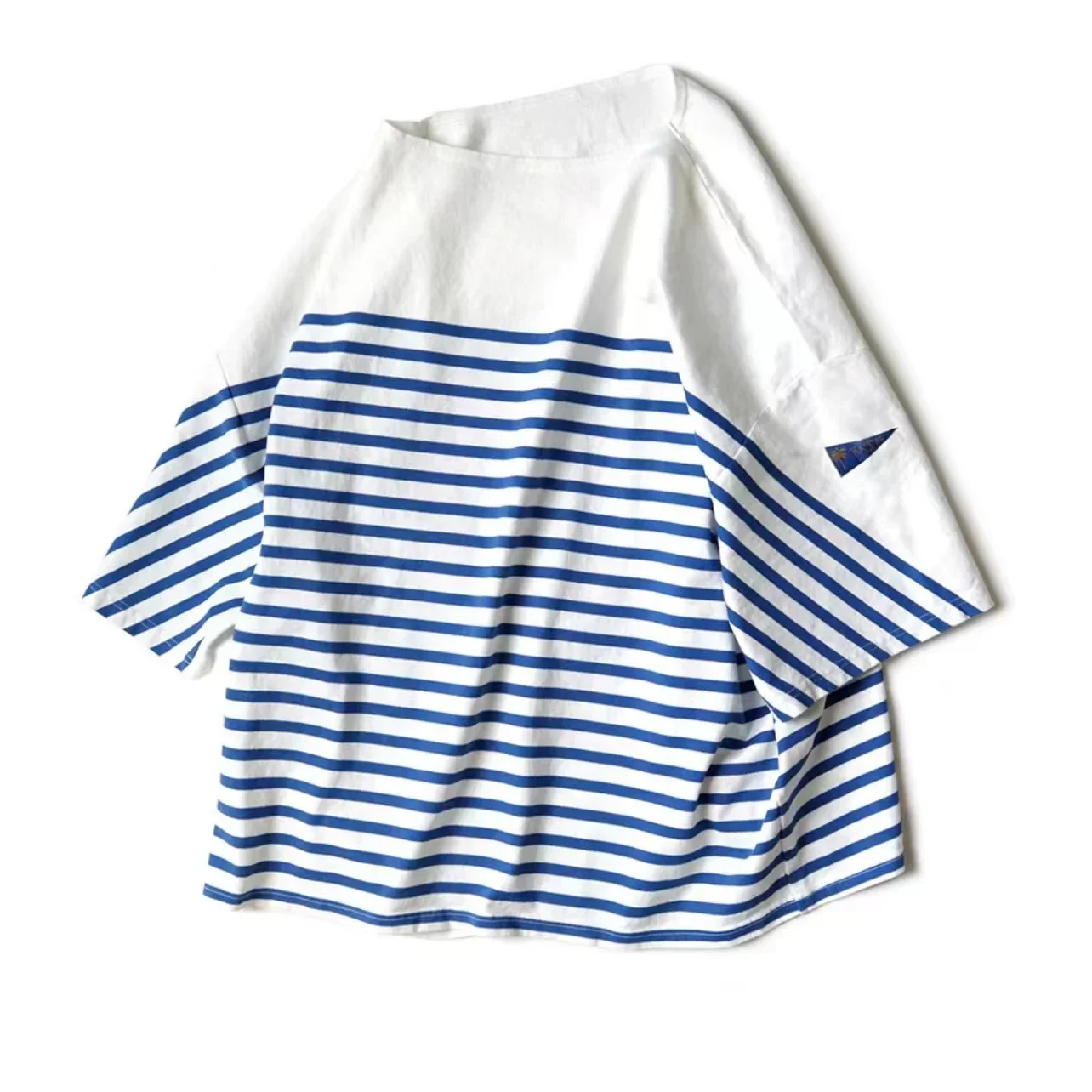 

22SS KAPITAL Hirata Hiroshi Blue and White Striped Color Matching Loose Three Flag Short Sleeved Round Neck T-shirt Summer